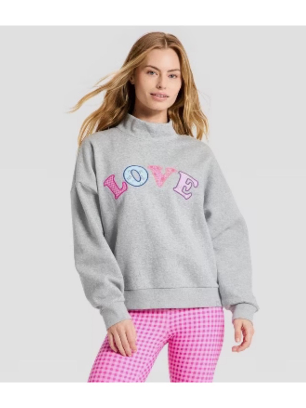 JoyLab Valentine Day Mock Neck Sweatshirt (Heather Gray - XXS)